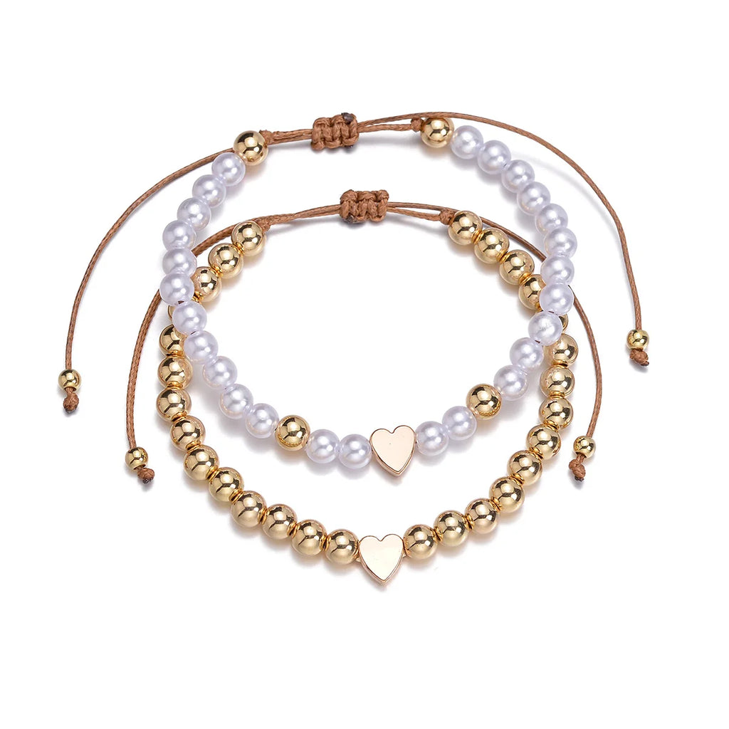 2 PSC Love Imitation Pearl Beaded Adjustable Rope Chain Valentine's Day Jewelry Gift Couple Bracelet