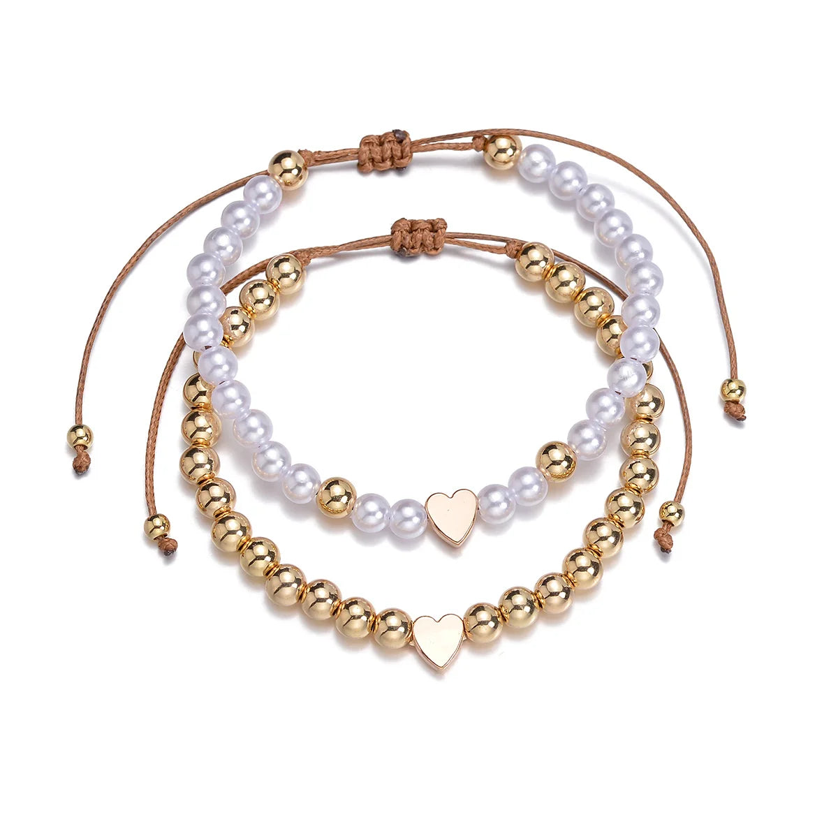 2 PSC Love Imitation Pearl Beaded Adjustable Rope Chain Valentine's Day Jewelry Gift Couple Bracelet