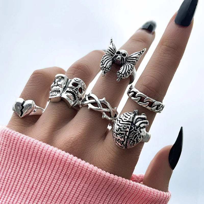 Anillo de elementos múltiples de metal estilo Punk vintage para mujer y hombre, anillos de dedo de calavera de serpiente mariposa de Color plata antigua, joyería gótica