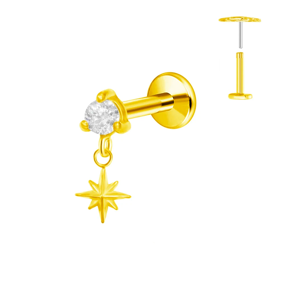 ASTM F136 G23 Titan Blumen Mond Stern Labret Piercing Push In Ohrringe Tragus Threadless Flat Back Piercing Körperschmuck