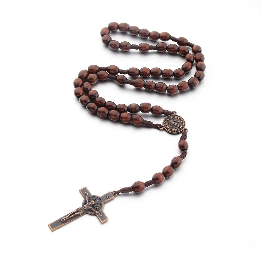 Handgemachte Rosenkranz-Halskette aus Holzperlen für Damen und Herren, Kruzifix-Kreuz-Anhänger, lange geflochtene Seilkette, religiöser Gebetsschmuck