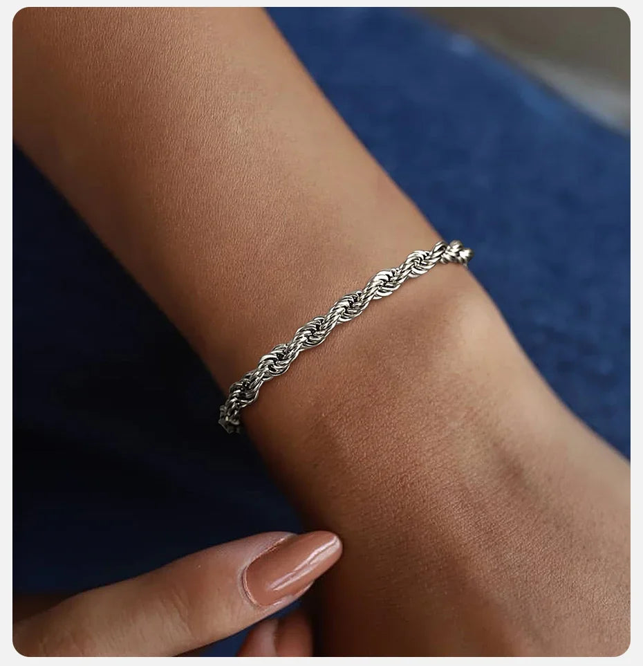 ALIZERO 925 Sterling Silber Unisex 4mm Seilkette Armbänder für Herren Damen Gedrehte Gliederkette Armband Einfacher Klassischer Schmuck