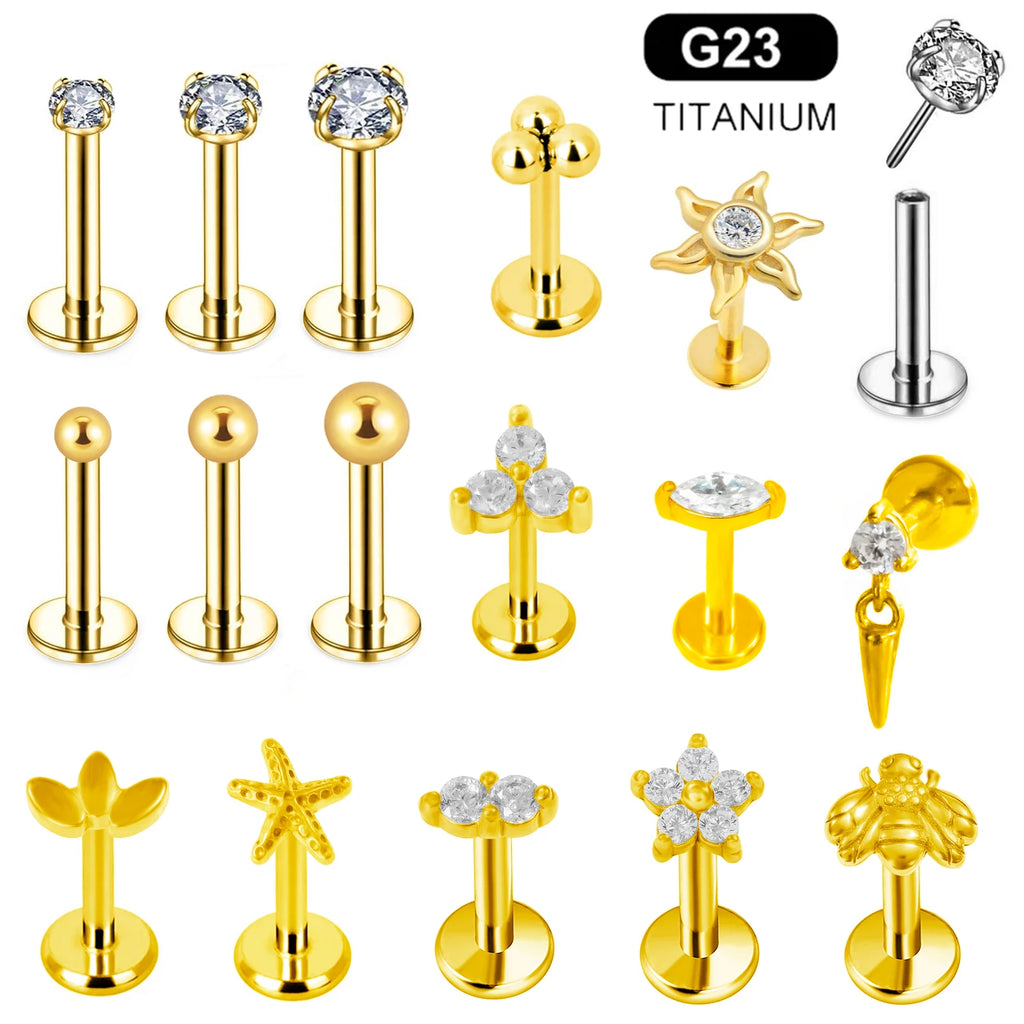 ASTM F136 G23 Titanio Labret Piercing Estrella Pendiente Zarcillo Abeja Hoja Push In CZ Sin Rosca Cartílago 16/18/20G Joyería Corporal