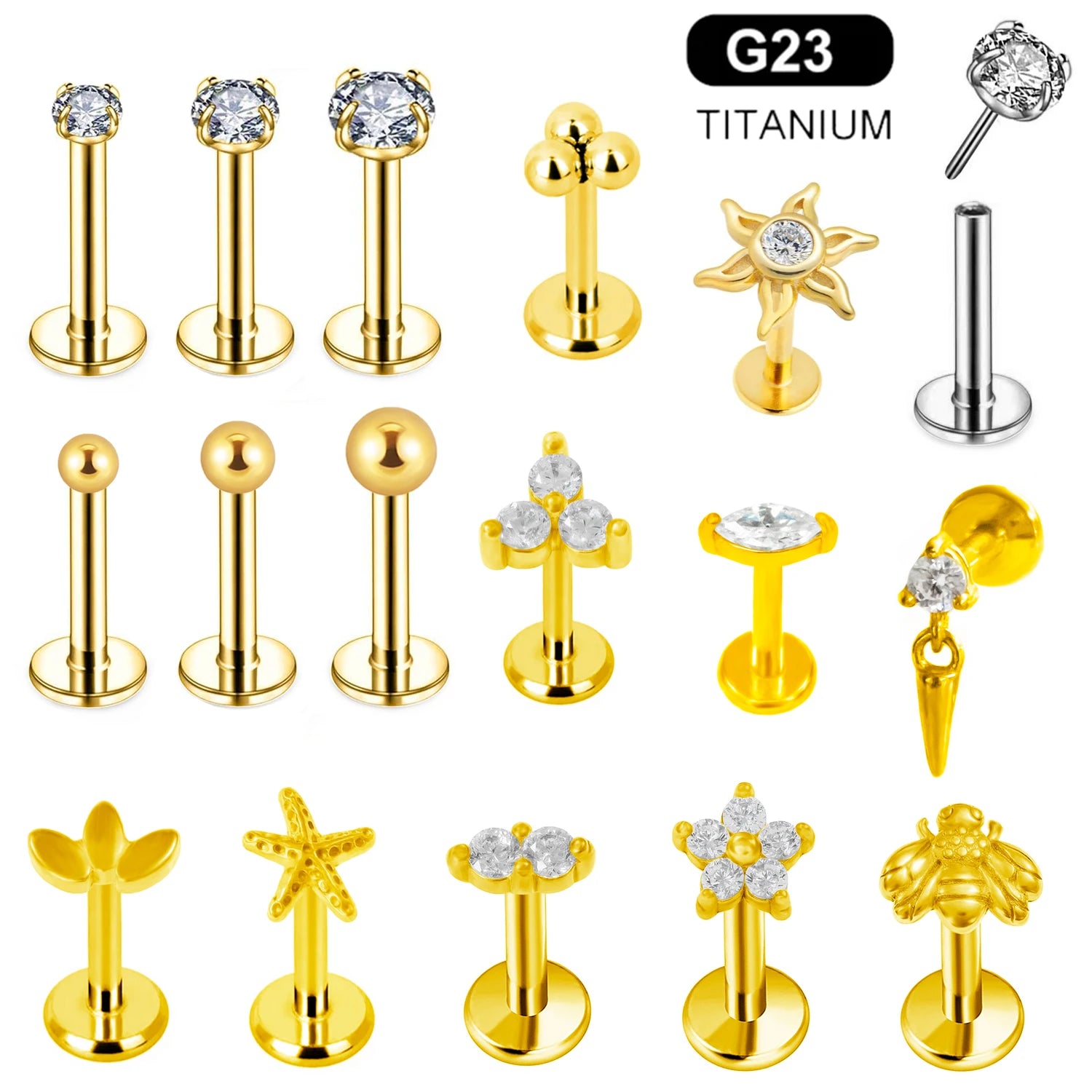 ASTM F136 G23 Titan Labret Piercing Seestern Ohrstecker Biene Blatt Push-In CZ Gewindeloser Knorpel 16/18/20G Körperschmuck