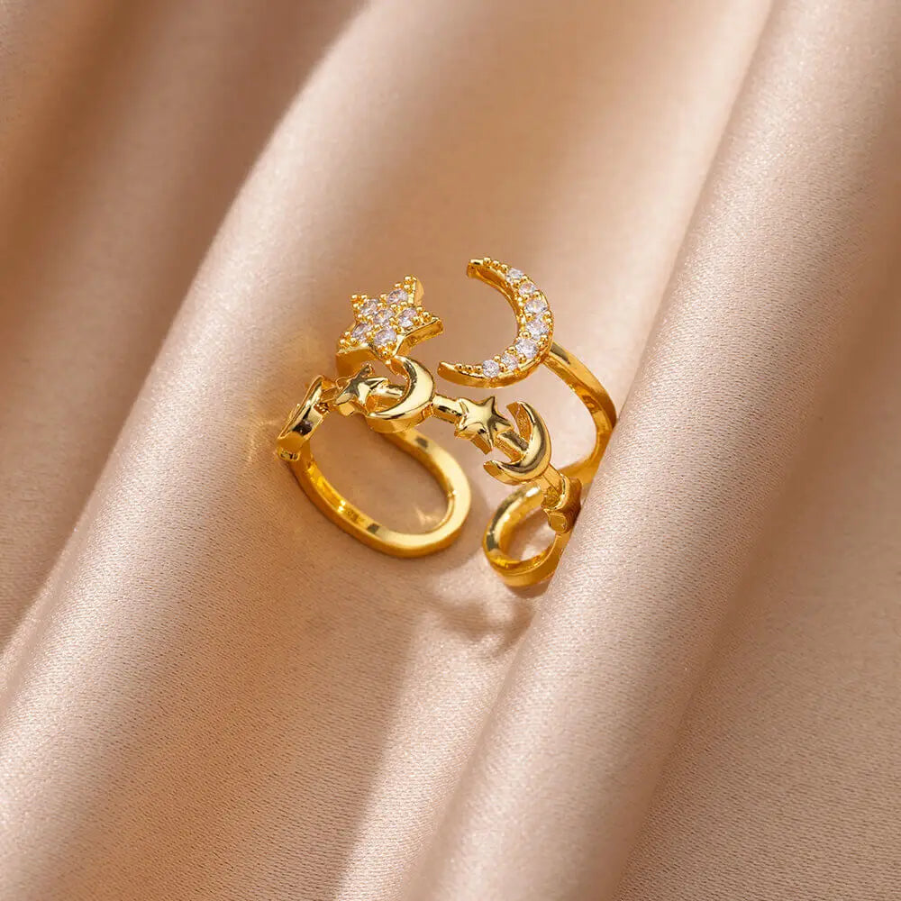 Zirkon Stern Mond Ringe für Frauen Goldfarben Verstellbar Edelstahl Mond Stern Ring Hochzeit Ästhetische Party Schmuck Geschenk BFF