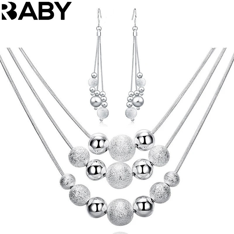 URBABY 925 Sterling Silber 45,7 cm mattierte Perlen Anhänger Ohrringe Halskette für Damen Mode Schmuckset Hochzeitsgeschenk