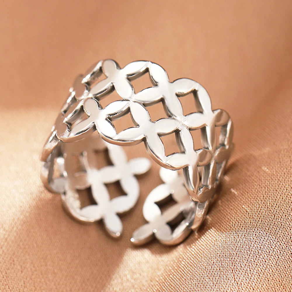 Edelstahlringe Vintage Exquisit Hohl Einstellbare Offene Statement-Ringe Leichte Luxus-Mode-Ringe für Frauen Schmuck Neu