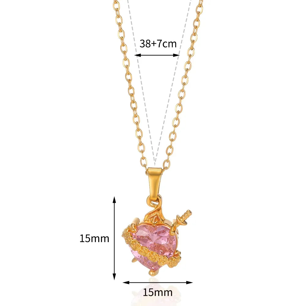 Romantic Wedding Heart Cubic Zirconia Necklace For Women Elegant Cute Gold Color Stainless Steel Necklaces Jewelry Birthday Gift