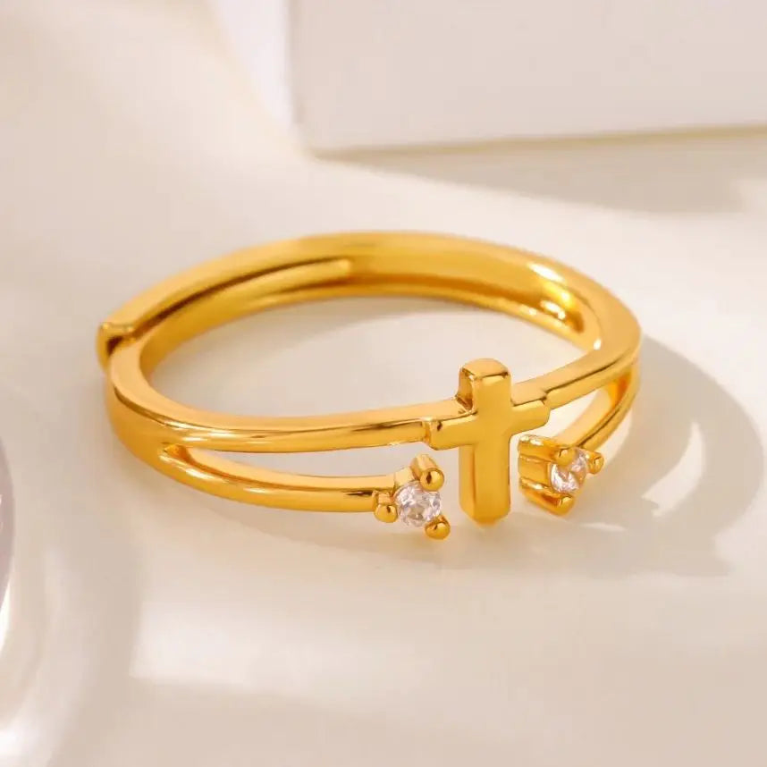 Zirkon Kreuzringe für Damen Goldfarbe Edelstahl Kristall Kreuz Verstellbarer Ring Religiöser Hochzeits-Weihnachtsschmuck Geschenk