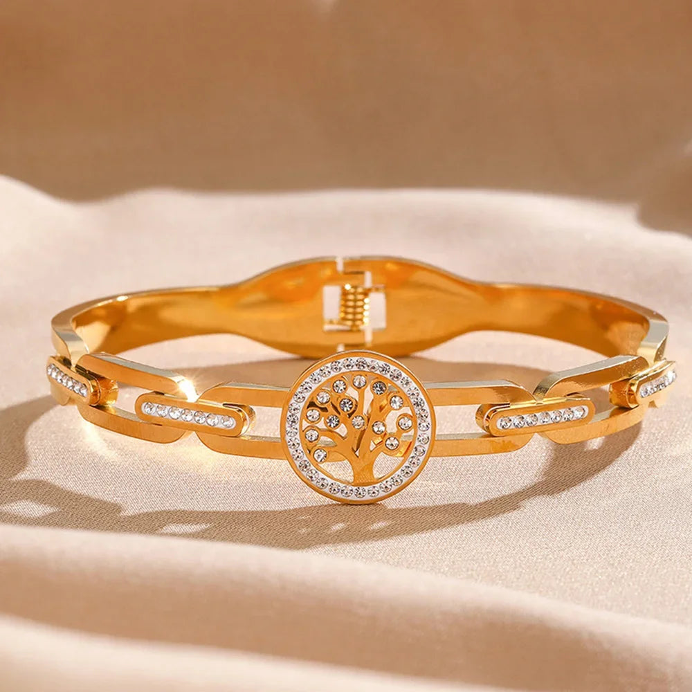 Luxus-Edelstahl-Lebensbaum-Armband für Damen und Herren, goldfarben, Zirkonia, farbecht, Glücks-Armreif, Schmuck
