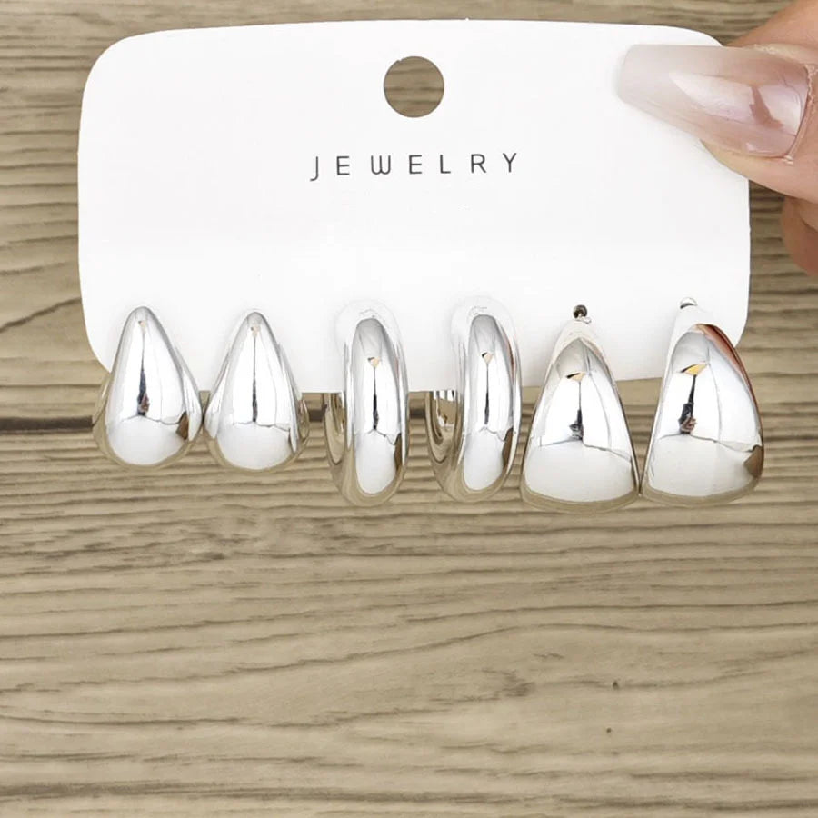 6-teiliges klobiges, vergoldetes Wasserfall-Creolen-Set für Damen – europäischer und amerikanischer minimalistischer, glatter Kreis-Tropfenohrring-Schmuck