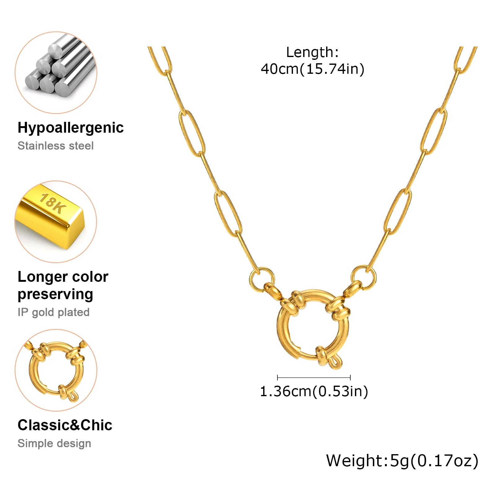 Paperclip-Kette Halsband, Damen Edelstahl Federverschluss Anhänger Halskette, Wasserdicht 18k Vergoldeter Schmuck