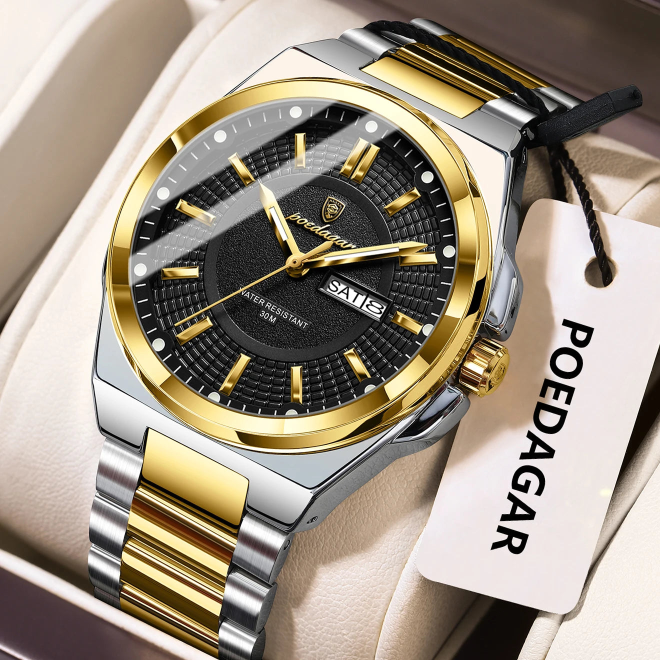 POEDAGAR Top Original Relojes de Hombre Acero Inoxidable Impermeable Luminoso Reloj de Hombre Fecha Semana Clásico de Moda Reloj de Pulsera de Cuarzo para Hombre