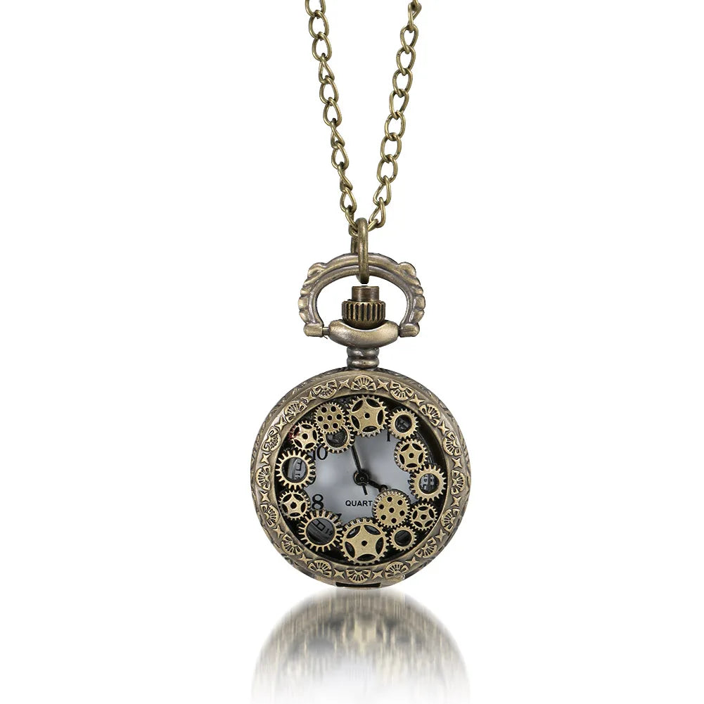 Vintage Pocket Small Watch Steampunk Quartz Watch With Chain Hollow Heart Cover Necklace Bronze Color Alloy Fob Clock Men Gift