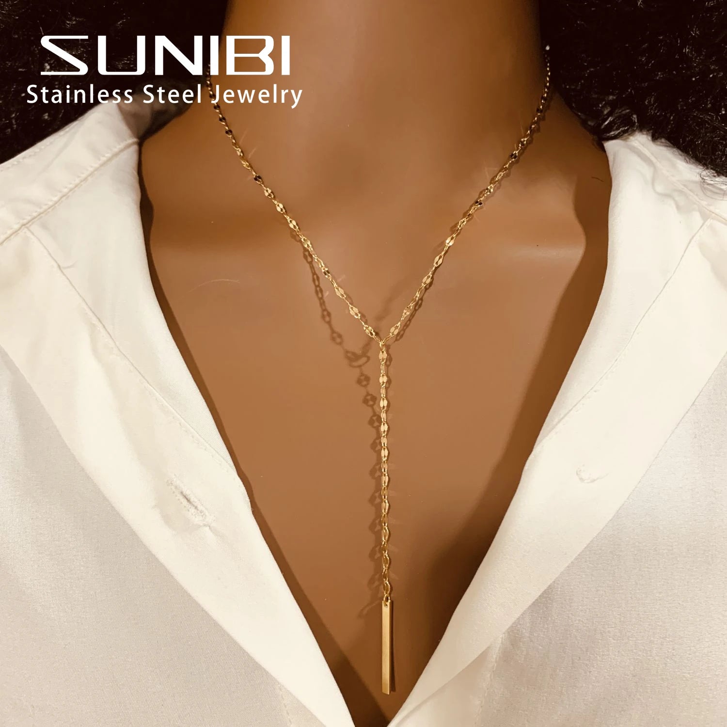 SUNIBI Vertical Bar Pendant Necklaces Stainless Steel Simple Long Lariat Chain Minimalist Dangle Necklace for Women Jewelry Gift