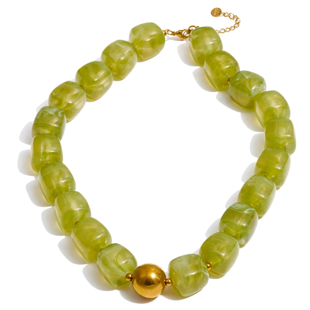 Yhpup Acryl Quadratperlen Kette Halskette Armband Armreif Edelstahl Handgemachter Schmuck Wasserdicht Grün Khaki Pink Bernstein