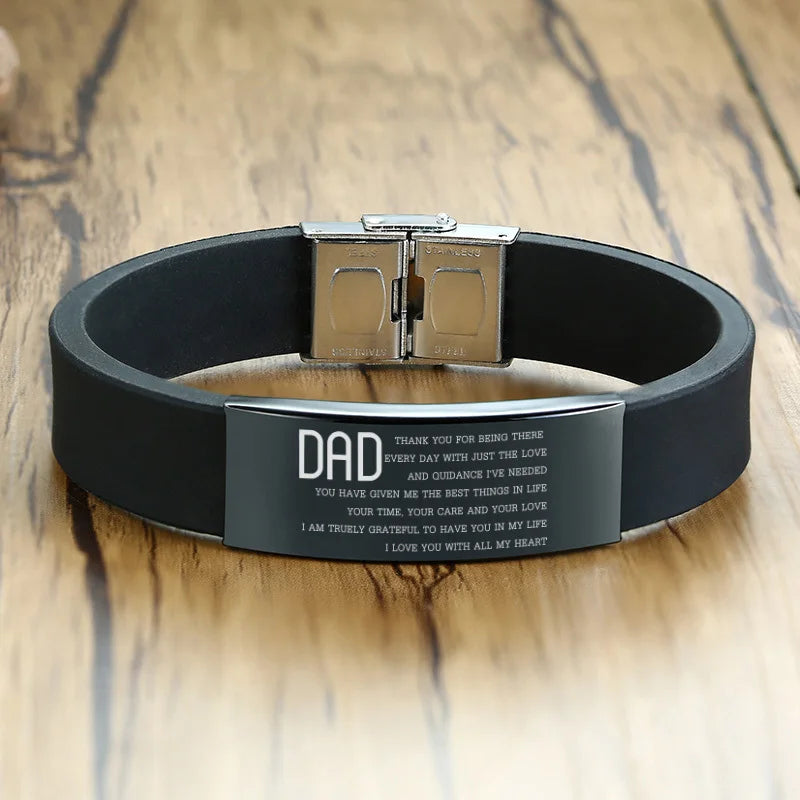 Vnox 16mm Vatertagsgeschenk Armband, schwarzes Kautschuk-Silikon-Armband mit personalisiertem „TO MY DAD“ Edelstahl-Bar, lässiges Armband für Herren