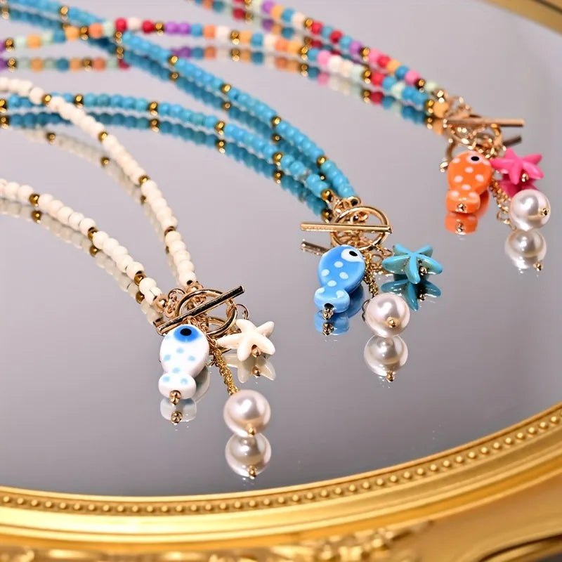 Bohemian Sea-Inspired Ceramic Fish & Starfish Pendant Necklace with 4mm Synthetic Turquoise Beads, Lightweight Beach Jewelry