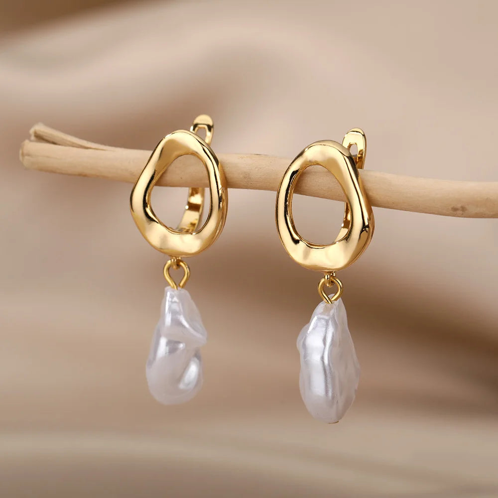 Pendientes colgantes de perlas de imitación Fashion Circle para mujer, de color dorado, de acero inoxidable, redondos, geométricos, de aro, joyas para boda