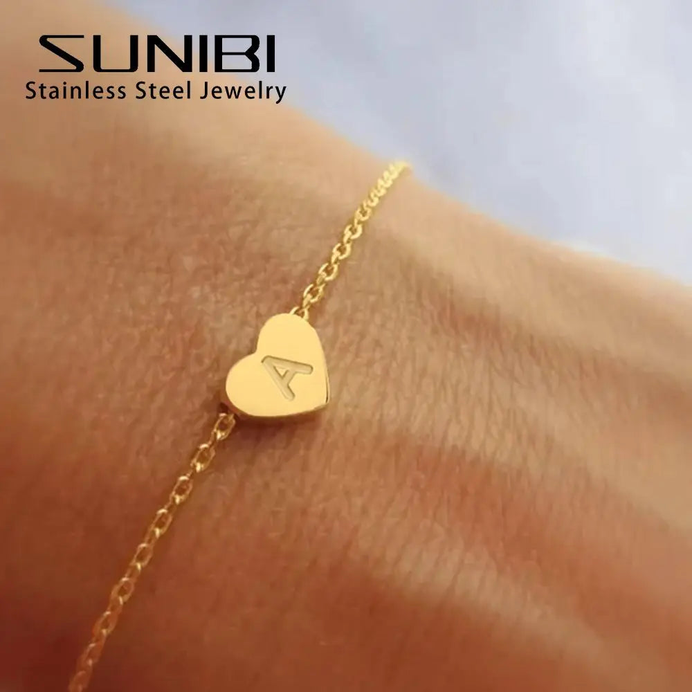 SUNIBI Herz-Anfangsbuchstaben 26 Buchstaben Armband für Frauen DIY Einfach Edelstahl Verstellbare Armbänder Schmuck Großhandel Dropshipping