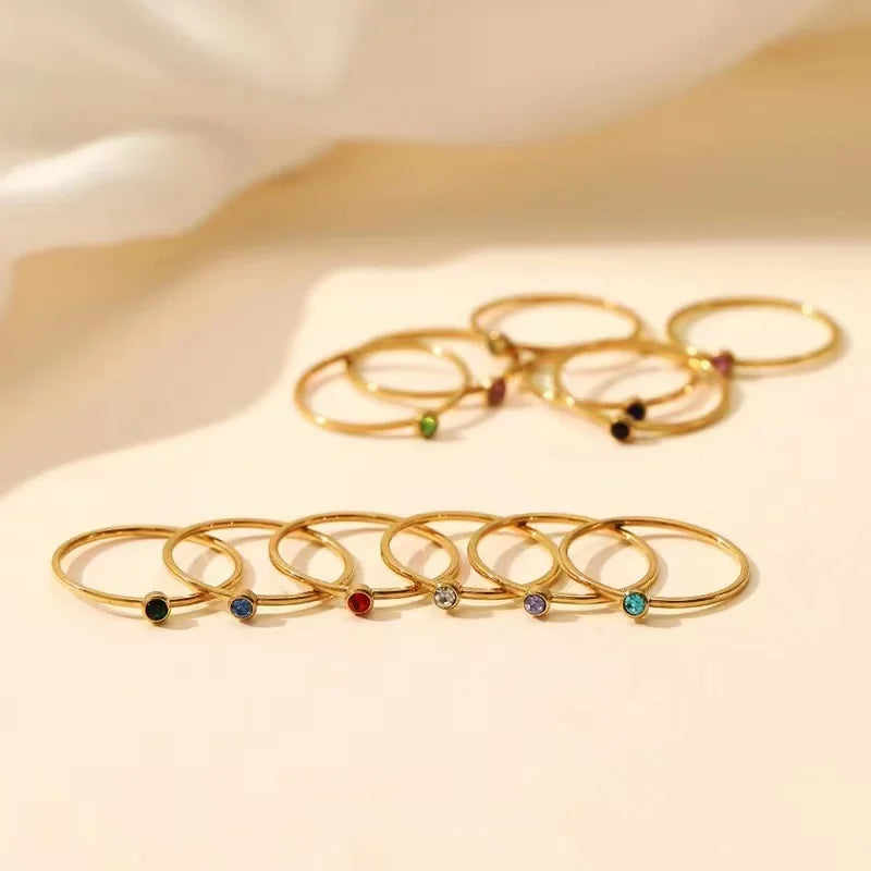 Anillo de piedra natal de acero inoxidable SUNIBI para mujer, color dorado, estilo simple, joyería de moda para fiestas, dropshipping