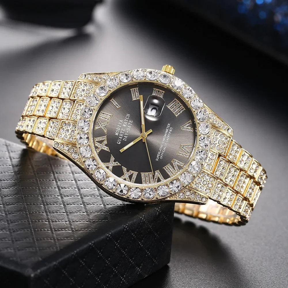 Reloj de diamante brillante Hot Sale para hombre, color oro, de lujo, de cuarzo, reloj masculino, dropshipping, calendario de diamantes de imitación, reloj de pulsera