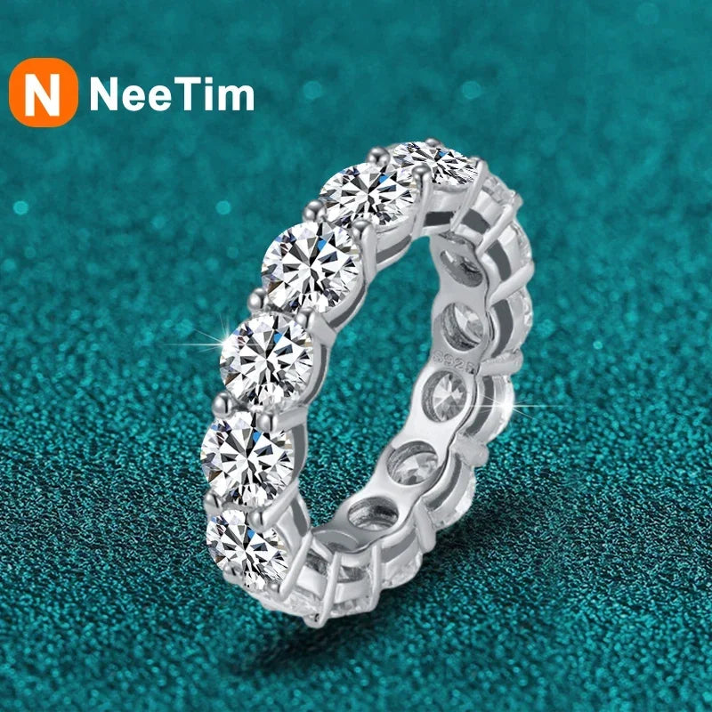 Anillo NeeTim de 5 mm con moissanita completa para mujer, boda, anillos de plata de ley 925, compromiso con diamante de laboratorio, banda eterna, joyería fina
