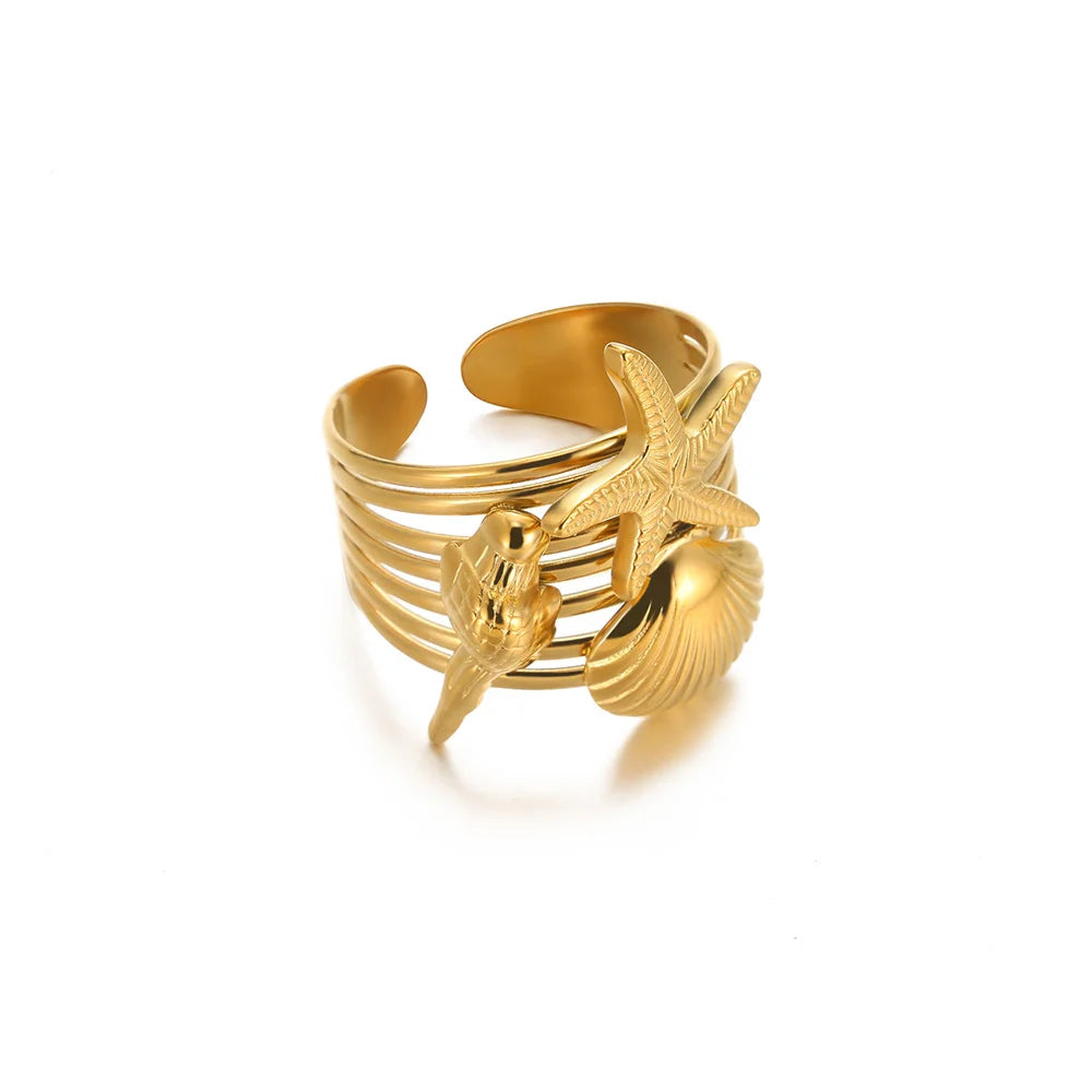 316L Edelstahl Seestern Muschel Ringe für Frauen Gold Farbe Offener Fingerring Femme Trendiger Sommerurlaub Ozean Schmuck Geschenk