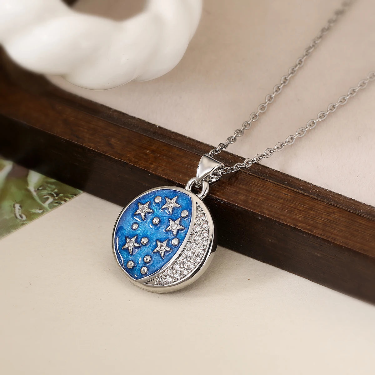 NEWBUY Delicate Blue Oil Dripping Star Moon Sun Round Pendant Necklaces For Elegant Women Bitrhday Gift