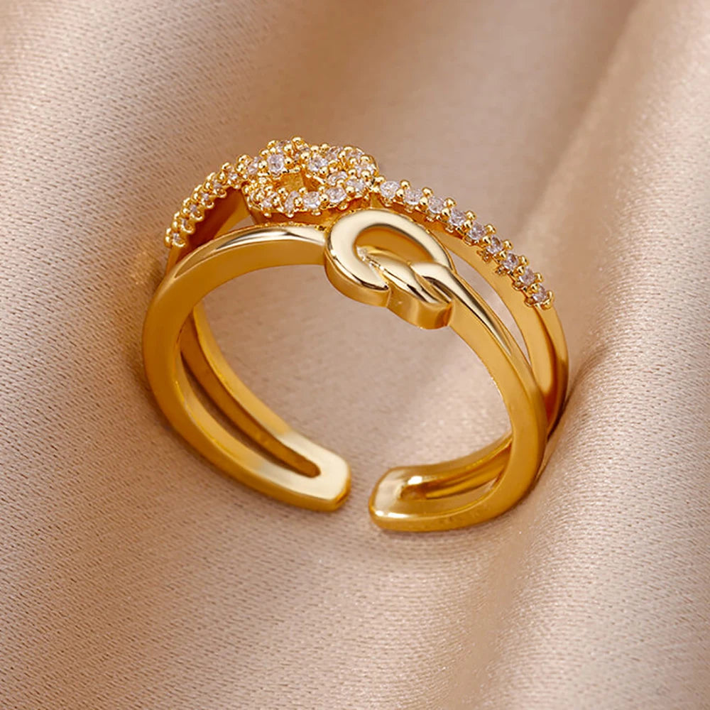 Anillos de acero inoxidable de color dorado a la moda para mujer, cadena hueca de cristal de circón, joyería para dedo, regalo 2023, anillos mujer