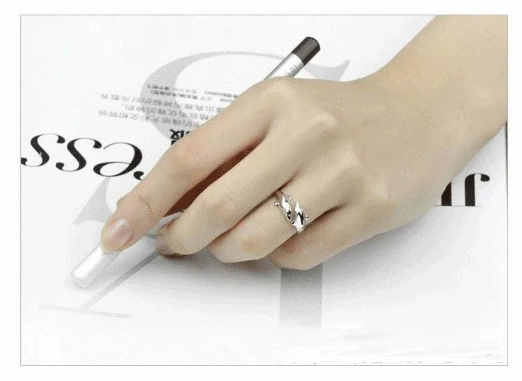 925 Sterling Silber Schmuck Offener Happy Doppel-Delfin-Liebesring für Frauen, Partygeschenk, Verstellbarer Ring, Anillos, Bague