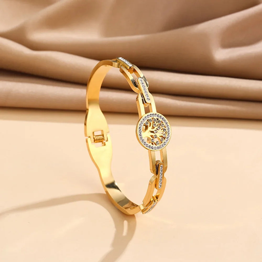 Luxus-Edelstahl-Lebensbaum-Armband für Damen und Herren, goldfarben, Zirkonia, farbecht, Glücks-Armreif, Schmuck