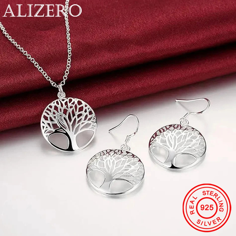 925er Sterlingsilber Feines Retro Rundbaum-Anhänger Halsketten-Ohrring-Set für Damen Mode Party Hochzeit Schmuckset Geschenke