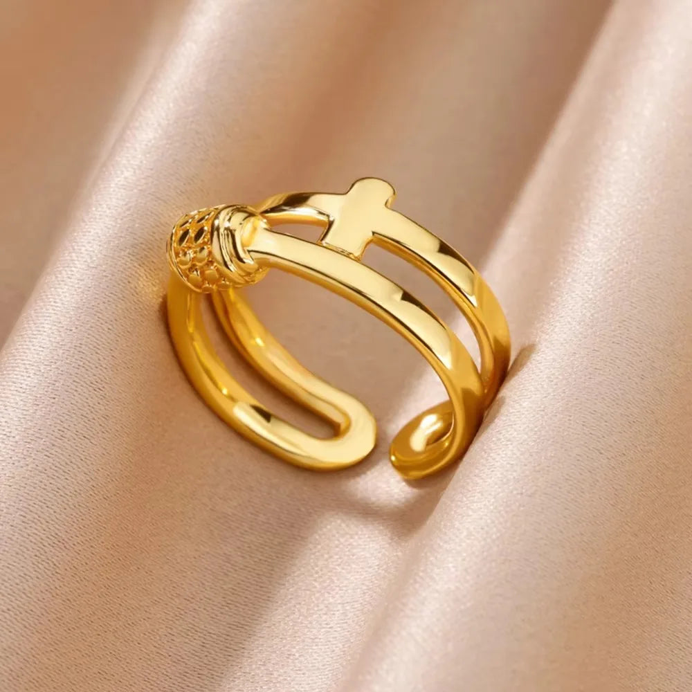 Edelstahl Kreuzringe für Frauen Vintage Gold Farbe Öffnung Kreuz Fingerring Party Hochzeit Schmuck Geschenk anillos mujer