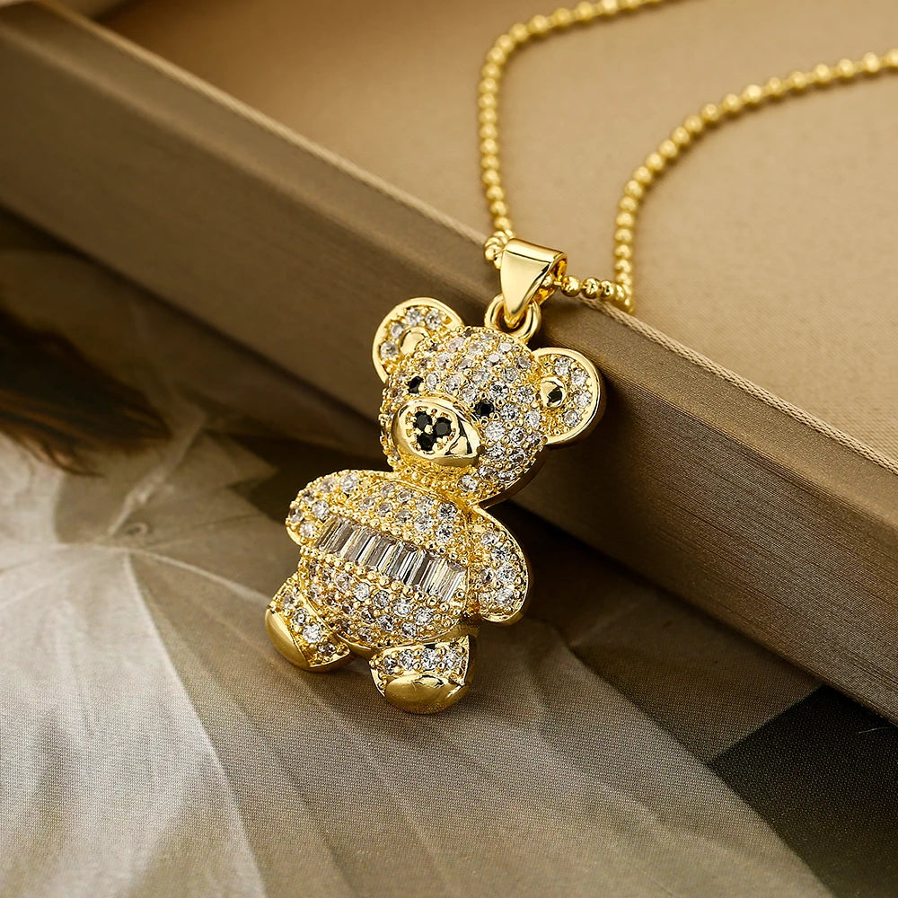NEWBUY Hot Sale 2 Style Lovely Bear Pendant Necklaces For Women Shiny CZ Zircon Inlay Gold Color Copper Jewelry