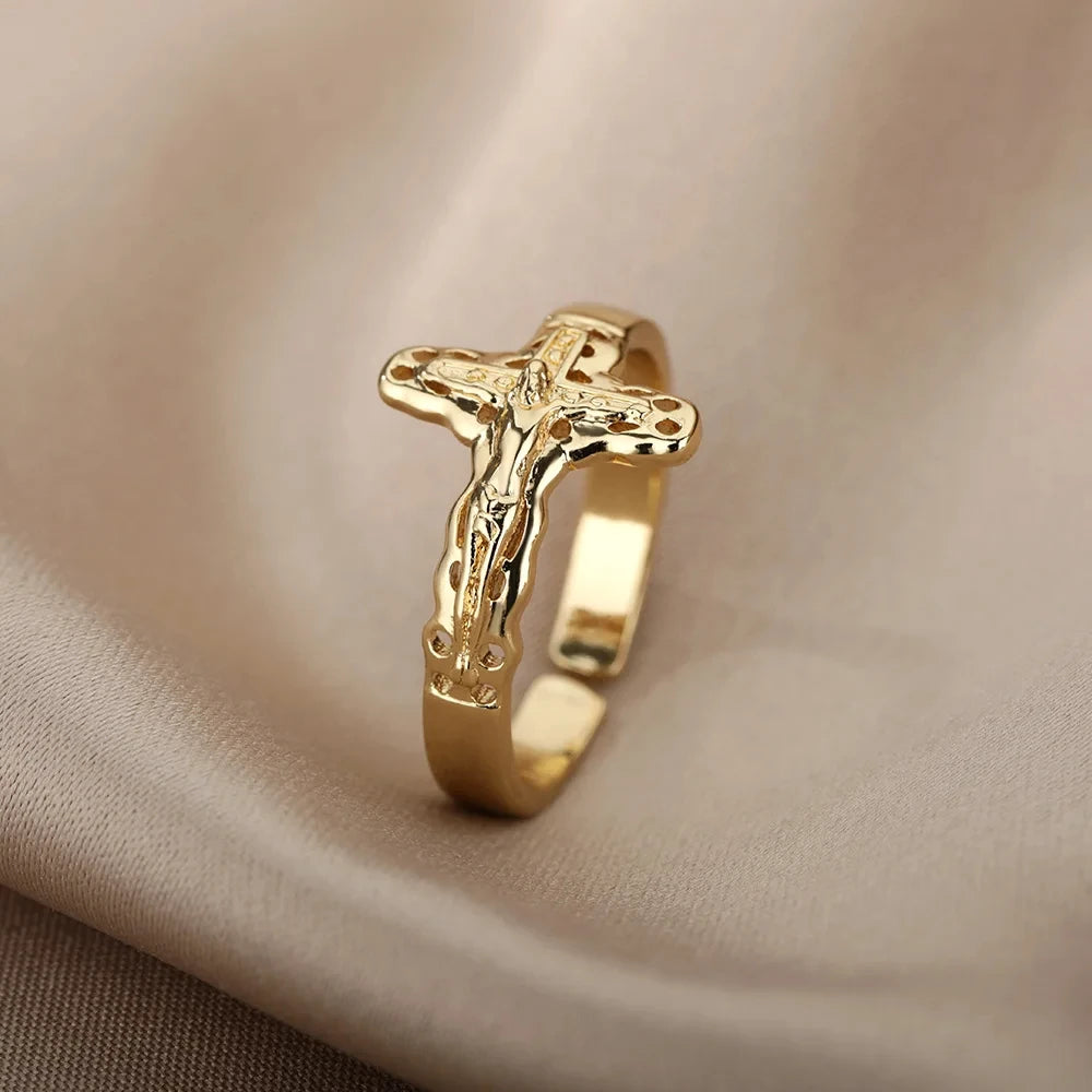 Vintage Jesus Kreuzringe für Damen Herren Goldfarbe Edelstahl Jesus Kreuz Verstellbarer Ring Religiöser Party Schmuck Geschenk