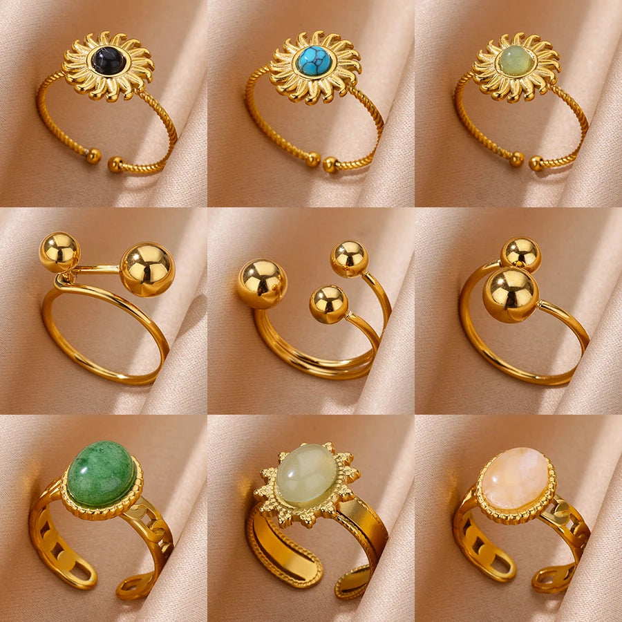 Edelstahl glatt doppelte Kugelperlenringe für Frauen Vintage Opal Natursteinring Mode Goldfarbe Ästhetischer Schmuck