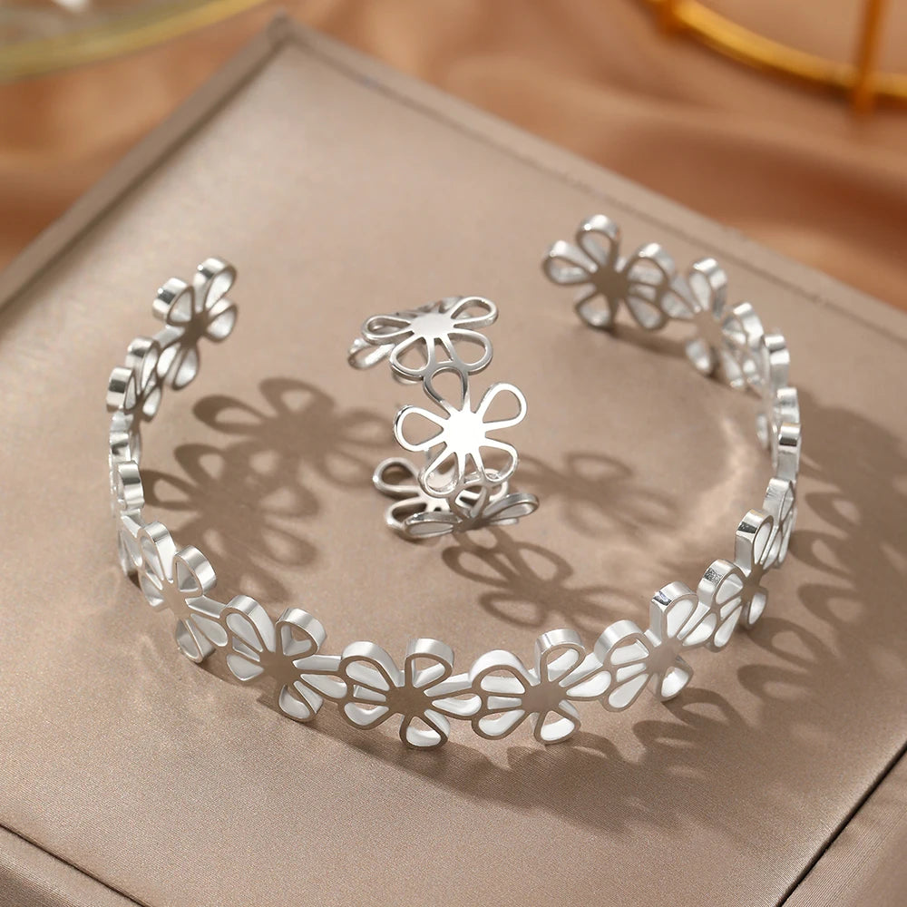 Edelstahl Armreifen Set Hohl Blumen Ungewöhnlich Retro Armreif Ring Für Frauen Schmuck Nicht verblassend Hochwertiges Geschenk Neu