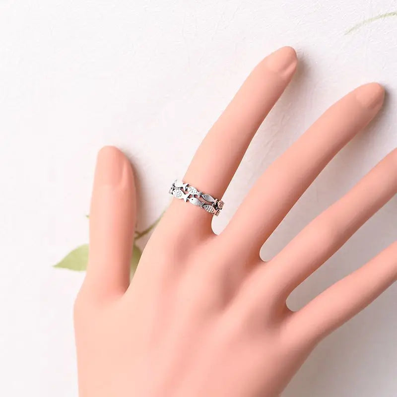 925 Sterling Silber Zweischichtiger Fisch Verstellbarer Ring für Damen Verlobung Hochzeit Luxus Qualität Ästhetischer Schmuck