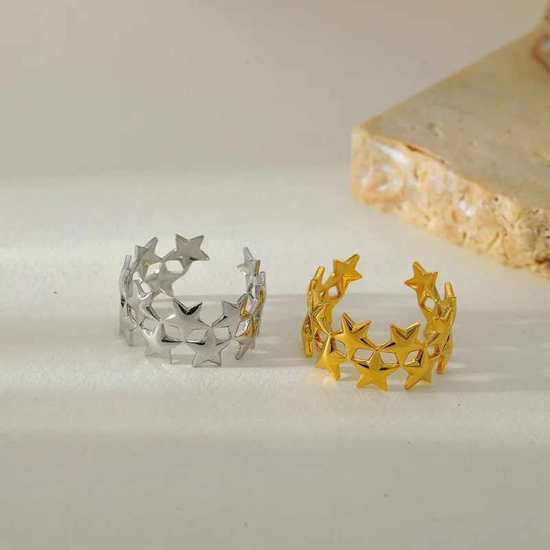 2026 New Stainless Steel Double Layer Star Waterproof Rings for Women Gold Color Opened Star Rings Cute Wedding Jewelry Gifts