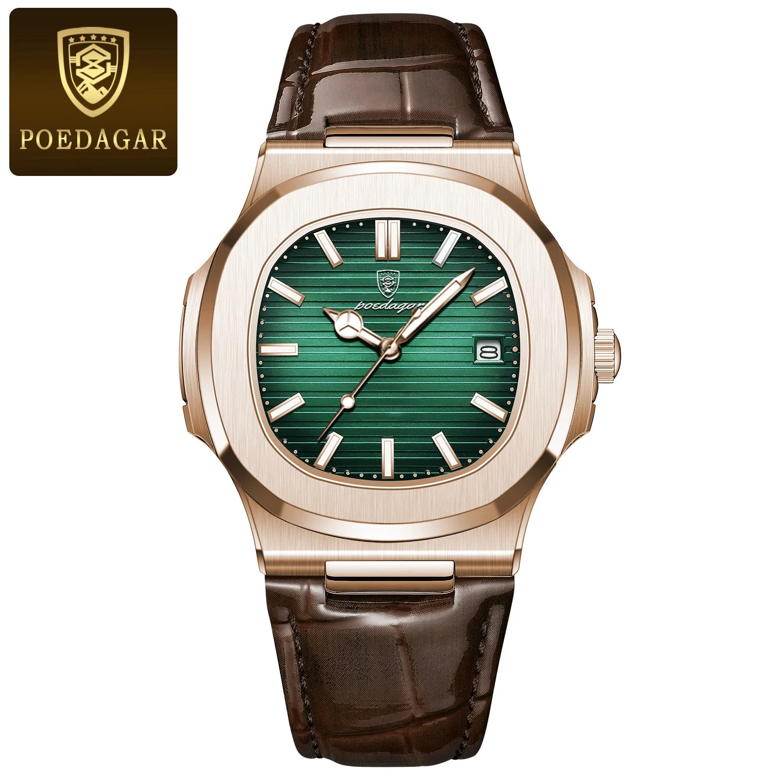POEDAGAR Reloj de Cuarzo de Cuero para Hombre, a la Moda, Cuadrado, Impermeable, Luminoso, con Fecha, de Negocios, Casual, Reloj de Pulsera para Hombre
