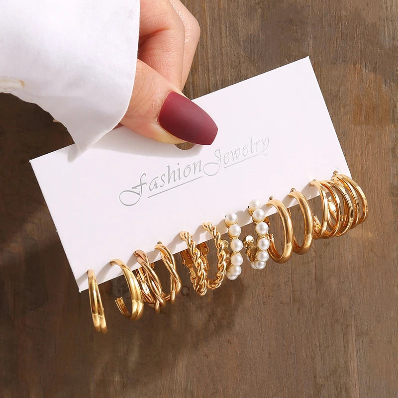 Aretes de Perlas Geométricos Vintage Color Oro, Set de Aretes Colgantes Cuadrados de Metal Trenzado Redondos para Mujer, Joyería de Fiesta Sencilla y de Moda