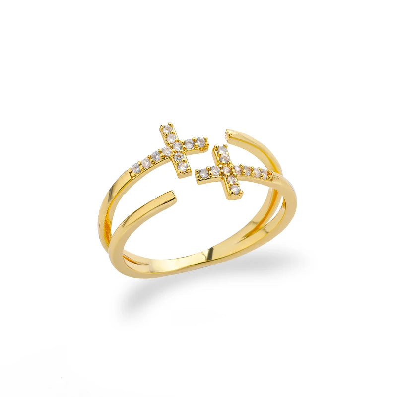 Zirkon-Doppelkreuzringe für Damen, Edelstahl, goldfarben, glänzender Öffnungsring, neues luxuriöses Mode-Hochzeits-Schmuckgeschenk, Bague