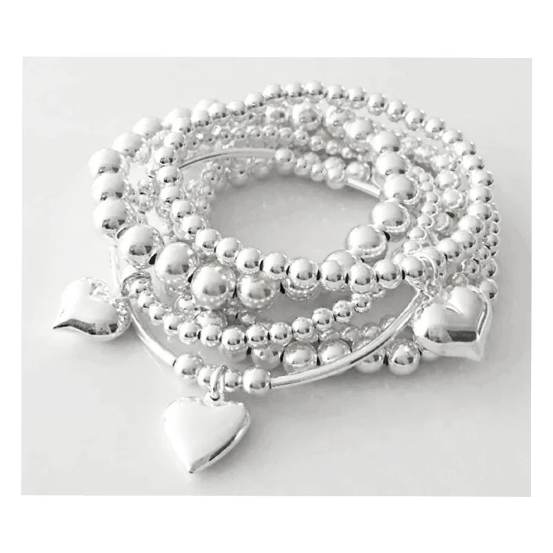 7-teiliges Set schicker Herz-Charm-Perlenarmbänder für Damen, Vintage, schlicht, silberfarben, exquisit, mehrschichtig, Armreifen, Schmuckgeschenk