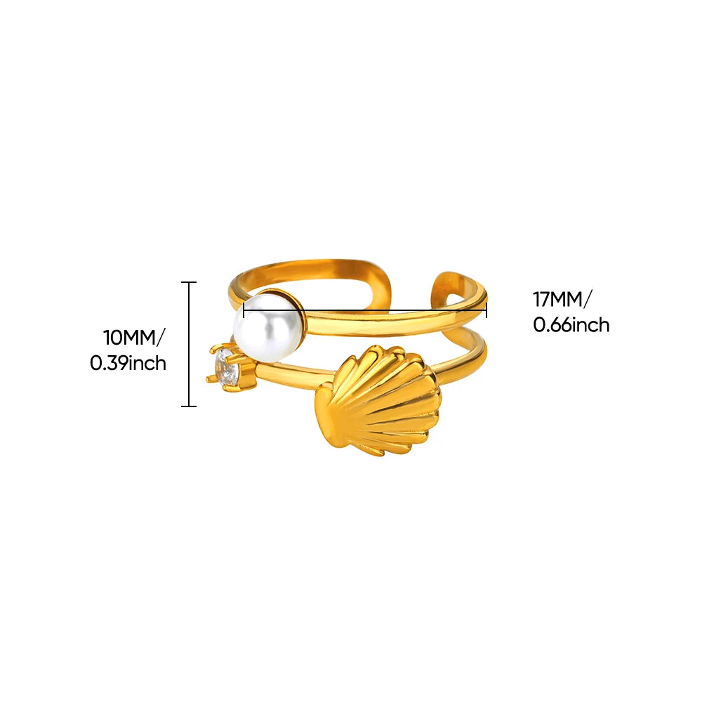 2025 Anillos de agua dulce de acero inoxidable con perlas, estrellas de mar y conchas para mujer, de color dorado, estilo punk vintage, joyería impermeable para la playa