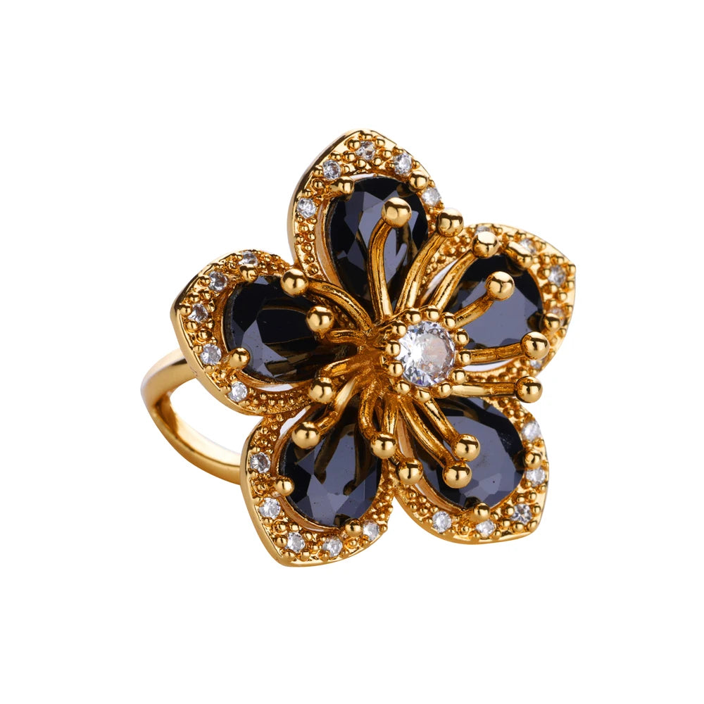 Luxuriöse bunte Zirkonia-Blumenringe für Damen, goldfarbener Edelstahl-Öffnungsring, modischer Hochzeitsparty-Ästhetik-Schmuck