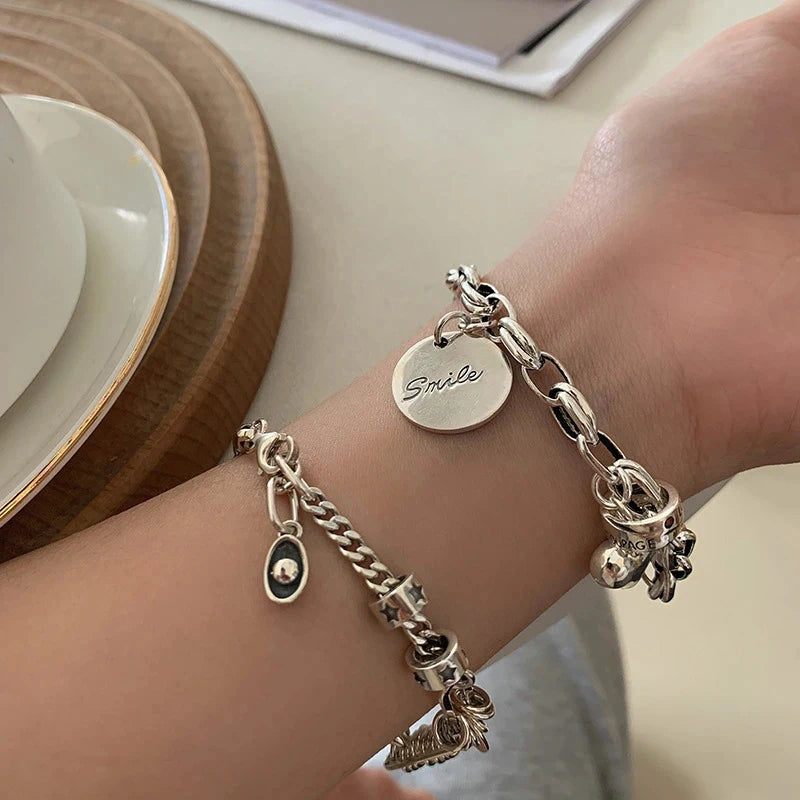 Sterling Silver plated Thai Silver Bracelet for Women Vintage Geometric Heart Love Lucky Punk Jewelry 2023 New Dropship