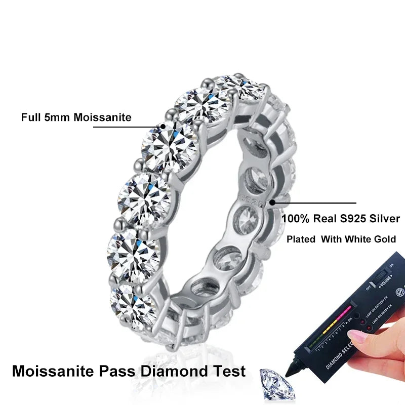 Anillo NeeTim de 5 mm con moissanita completa para mujer, boda, anillos de plata de ley 925, compromiso con diamante de laboratorio, banda eterna, joyería fina