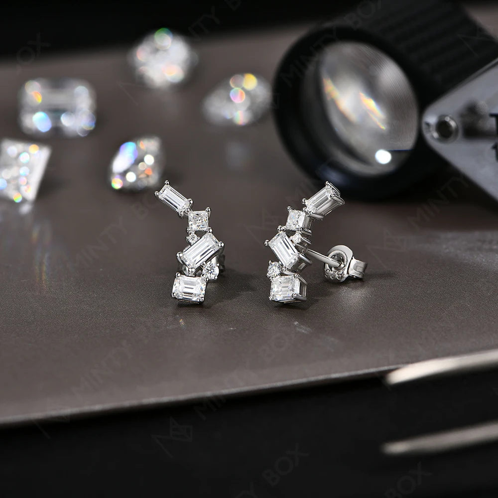 MINTYBOX Pendientes de Moissanita para Mujer Plata de Ley 925 Diamante de Laboratorio Talla Baguette Pendientes Irregulares Joyería de Compromiso