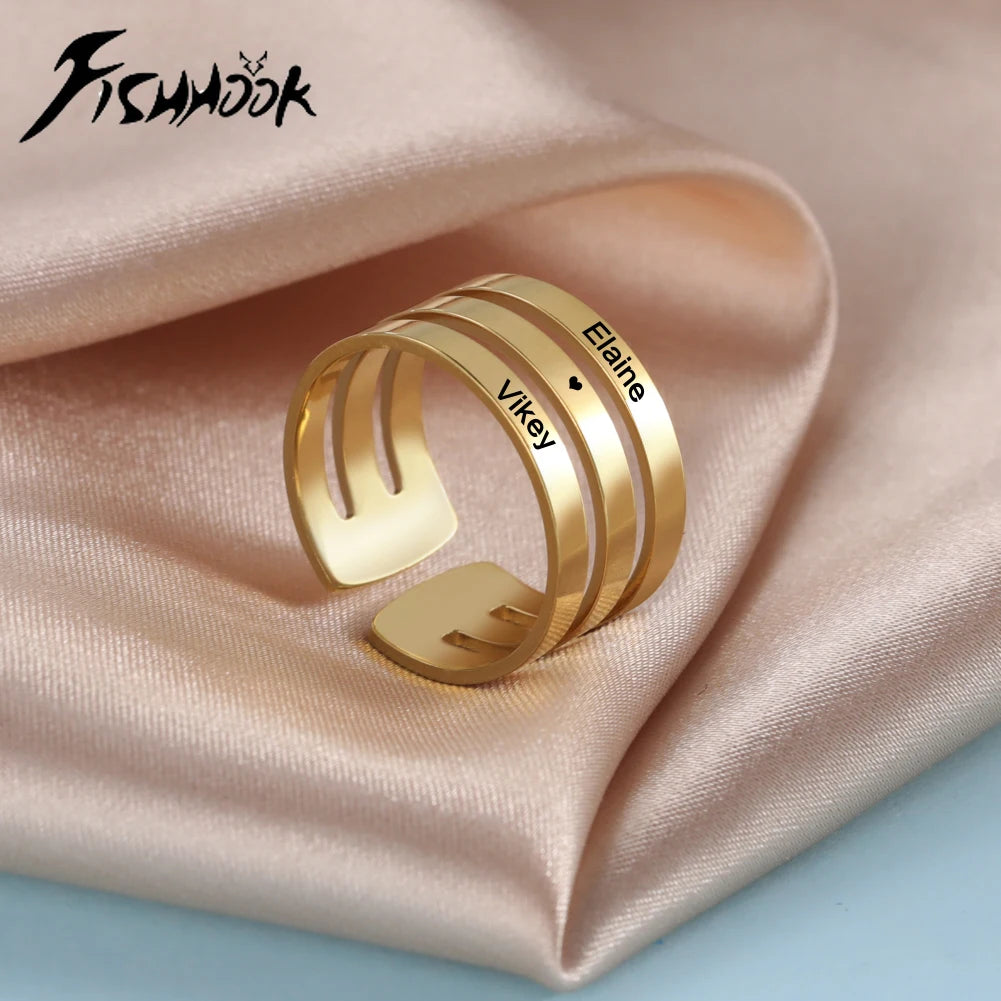 Personalisierter Fingerring für Damen Herren Familie Gravur Name Kundenspezifisches Paar Liebhaber Geschenk Metall Edelstahl Goldfarbe Schmuck
